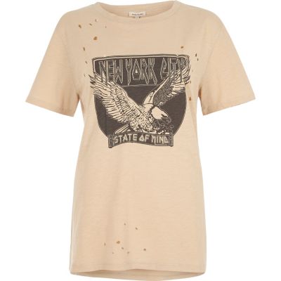 Beige NYC print distressed rock T-shirt